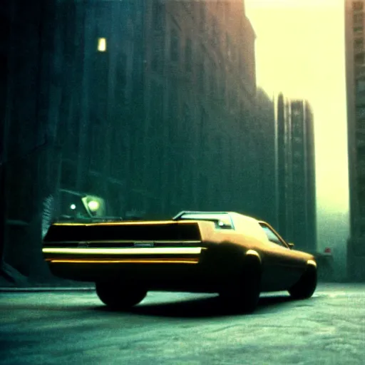 Image similar to muscle car in crowded cityscape, blade runner (1982), shallow depth of field medium shot, award winning, gritty, god rays