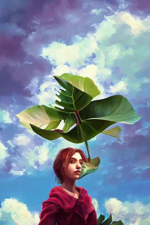 Image similar to closeup, girl with giant flower head, monsteras overhead, surreal photography, wind and cold, dramatic sky, impressionist painting, digital painting, artstation, simon stalenhag