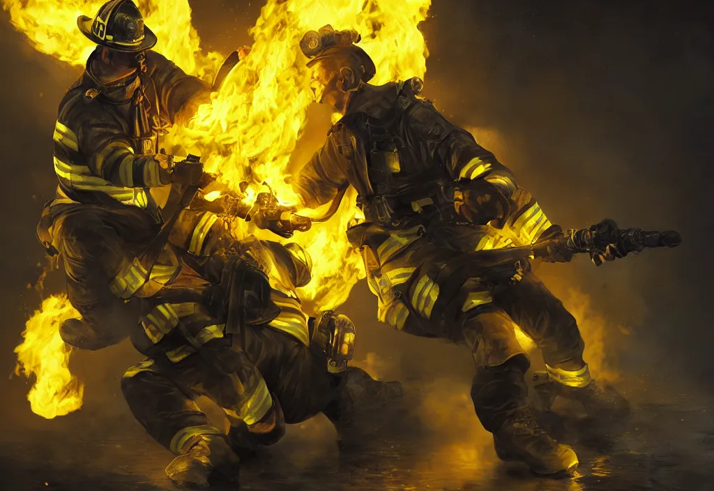 Prompt: one heroic firefighter in action in black and yellow uniform, fire flames, sharp details, sharp focus, realistic, highly detailed, illustration, by yerbol bulentayev and murat gul and pablo olivera and greg rutkowski, bloom, dramatic lighting