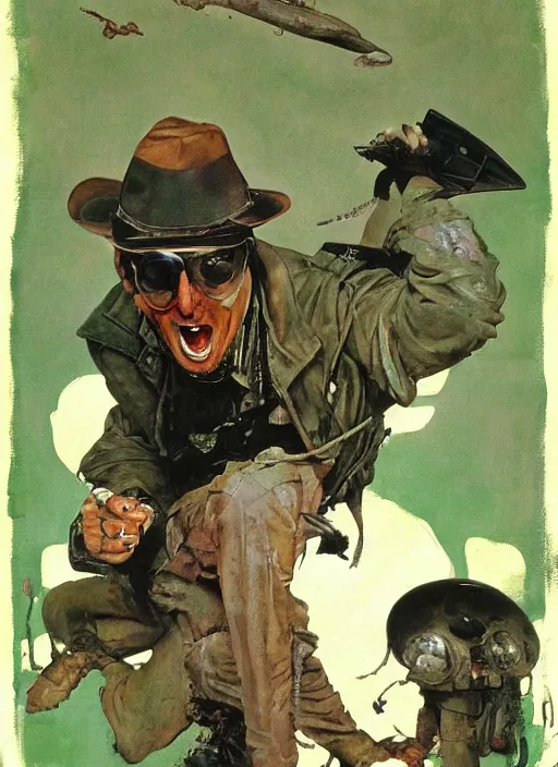 Image similar to dennis hopper crawling around on the floor, painted by norman rockwell and phil hale and rick berry and tom lovell and frank schoonover, green, dystopian