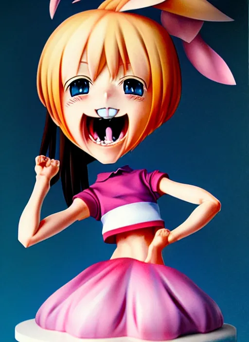 Image similar to a hyperrealistic oil panting of a kawaii anime girl figurine caricature with a big dumb grin featured on nickelodeon by dave mckean