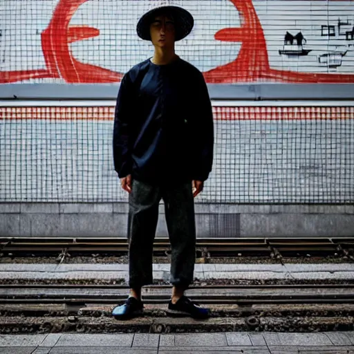 Prompt: “simple and elegant portrait of a Japanese man with a rice paddy hat in the foreground. And a graffiti tagged Tokyo train station in the background. Modern streetwear techwear style”