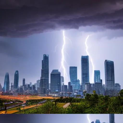 Image similar to Wide shot of colossal futuristic megacity towering across the landscape, thunder storm, EOS-1D, f/16, ISO 200, 1/160s, 8K, symmetrical balance, in-frame