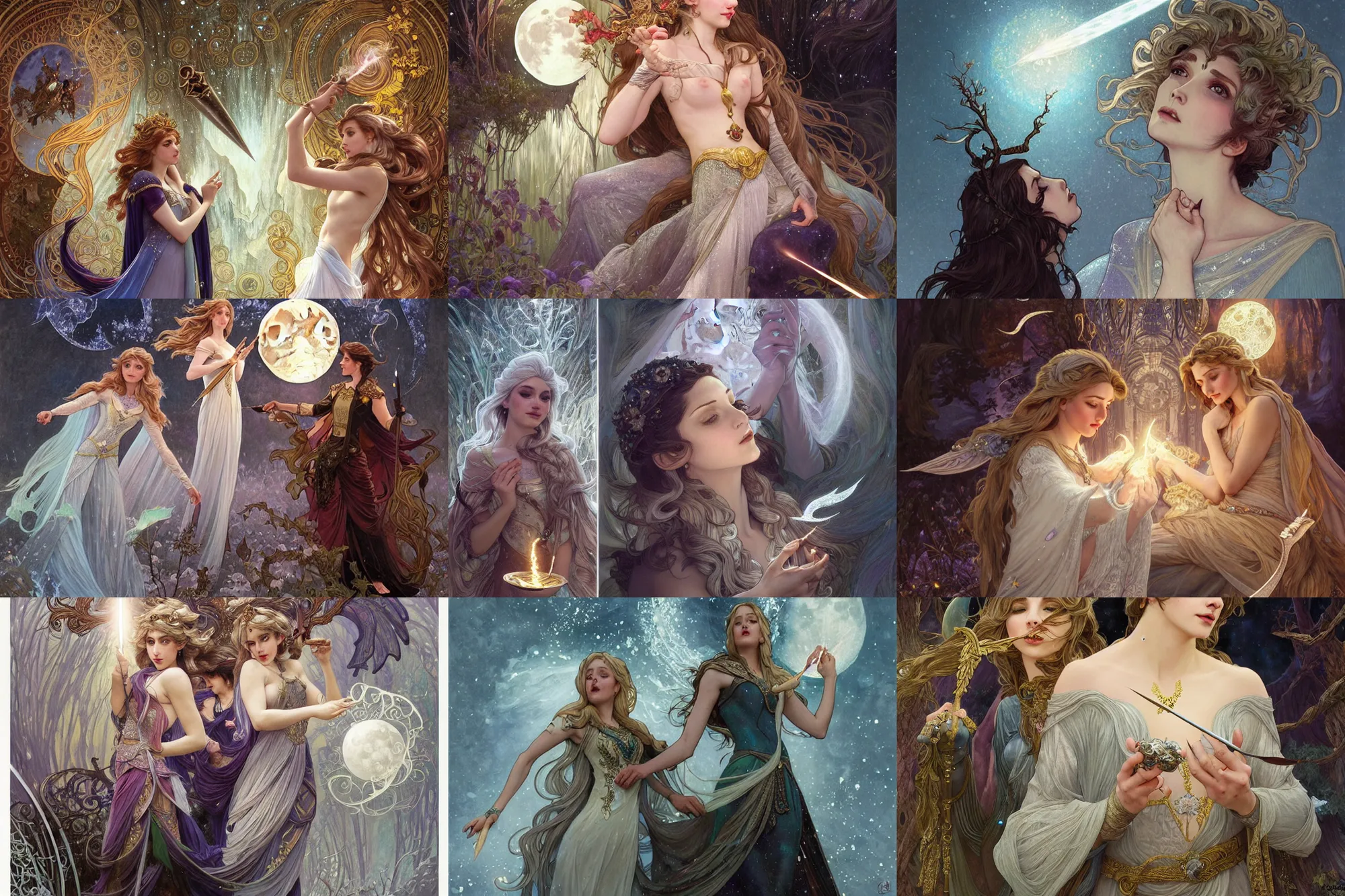 Prompt: friends of the goddess of the moon magician casting lightening spells, Frozen II Klaus film, fantasy, intricate, elegant, highly detailed, digital painting, artstation, concept art, smooth, sharp focus, illustration, art masterpiece by art by Krenz Cushart and Artem Demura and alphonse mucha, ArtGerm, Jon Lothian, Danilo Torres, Adi Meyers, Thomas Reimann, Gaston Bussiere