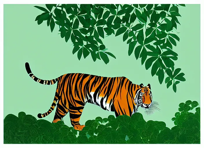 Image similar to a tiger in the centella asiatica in eyvind earle style