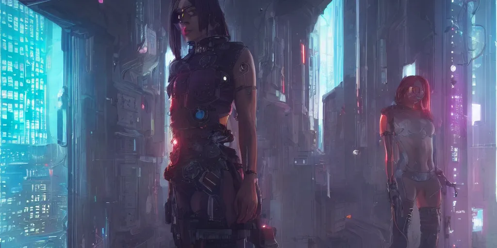 Prompt: female cyberpunk realistic characters, Moebius, Greg Rutkowski, Zabrocki, Karlkka, Jayison Devadas, Phuoc Quan, trending on Artstation, 8K, ultra wide angle, pincushion lens effect