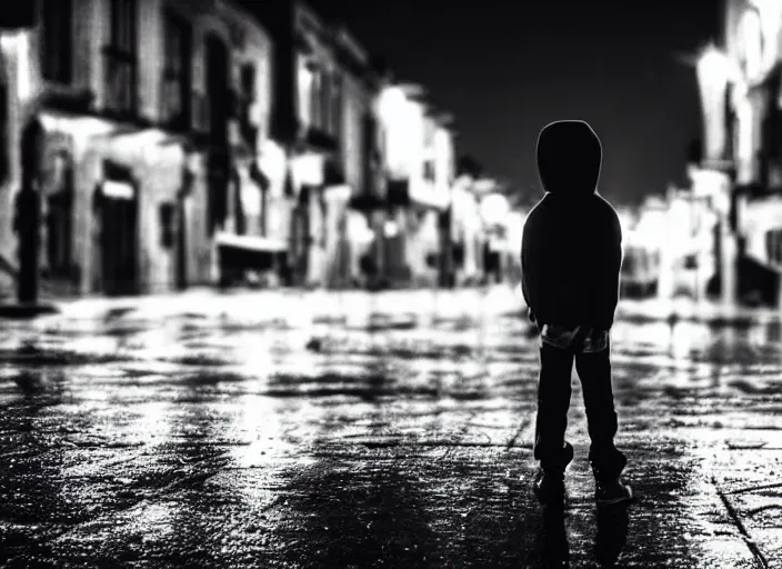 Prompt: boy from the back with a black hoodie and from the background an angel stares at him, empty city street at night, heavy rain, cars parked, dramatic lighting, cinematic, establishing shot, extremly high detail, photorealistic, cinematic lighting, epic fight scene, post processed