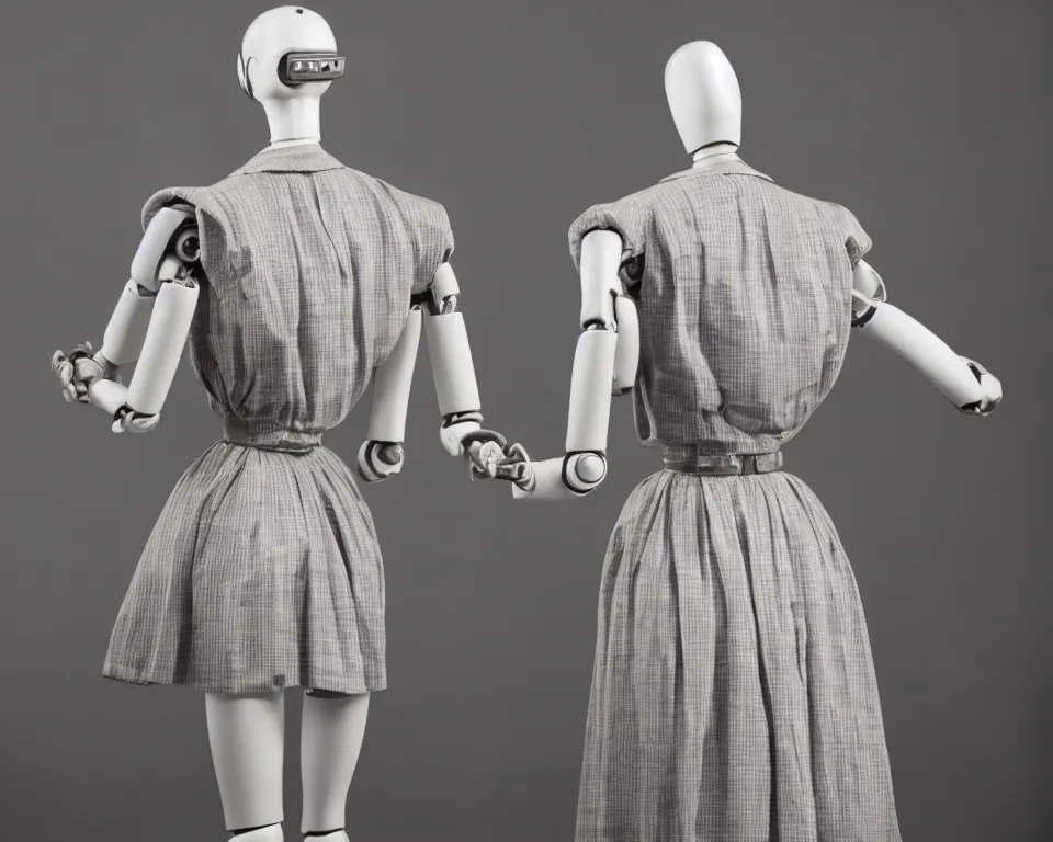 Image similar to rear view of a realistic humanoid female robot wearing 1950s style women clothing, close view
