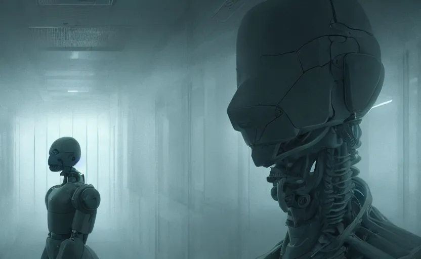 Image similar to extremely detailed cinematic movie still 3 0 7 7 foggy portrait shot of a robot in an endless data centre by denis villeneuve, wayne barlowe, simon birch, marc simonetti, philippe druillet, beeple, bright volumetric sunlight from small windows, rich moody colors, closeup