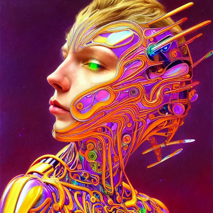 Image similar to bright psychedelic portrait of organic cyborg, wings, diffuse lighting, fantasy, intricate, elegant, highly detailed, lifelike, photorealistic, digital painting, artstation, illustration, concept art, smooth, sharp focus, art by John Collier and Albert Aublet and Krenz Cushart and Artem Demura and Alphonse Mucha