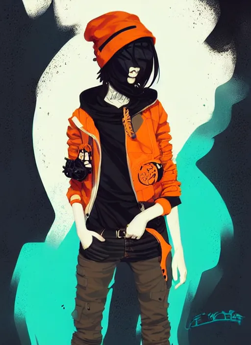 Image similar to highly detailed portrait of a sewer punk lady student, blue eyes, leather hoodie, hat, white hair by atey ghailan, by greg tocchini, by james gilleard, by kaethe butcher, by greg tocchini, gradient orange, black, brown and cyan color scheme, grunge aesthetic!!! ( ( graffiti tag wall background ) )