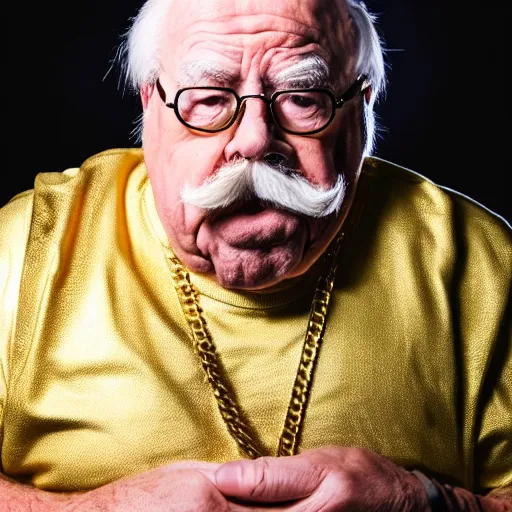 Prompt: dslr portrait photo still of wilfred brimley as a gangsta rapper with gold chains and gold teeth grills, 8 k, 8 5 mm f 1. 8