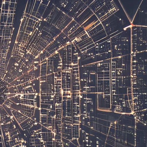 Image similar to photo of a power grid city at night birds eye view inception cinematic