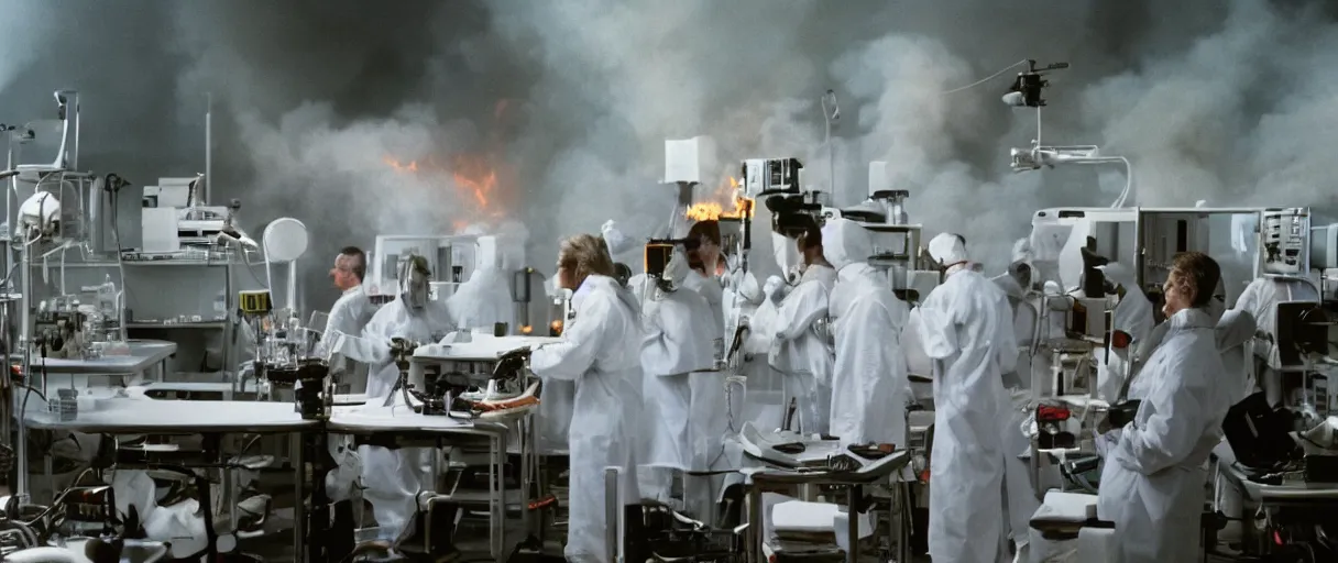 Image similar to filmic closeup dutch angle movie still 4k UHD 35mm film color photograph of a small crowd of doctors burning alive inside of a science lab , in the style of a 1980s horror film