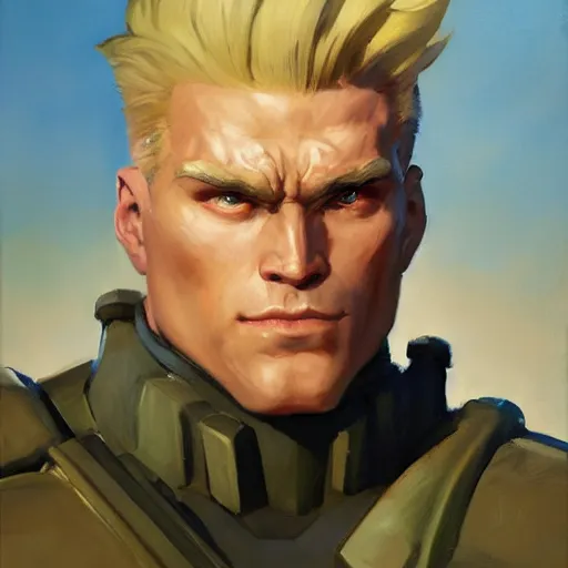 Prompt: greg manchess portrait painting of partially armored guile from street fighter as overwatch character, medium shot, asymmetrical, profile picture, organic painting, sunny day, matte painting, bold shapes, hard edges, street art, trending on artstation, by huang guangjian and gil elvgren and gerald brom