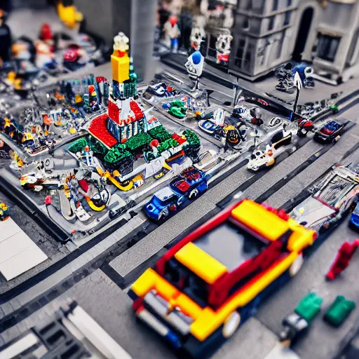 Image similar to mini lego in the city, photorealistic, highly detailed, sharp focus, vivid, symmetrical, random, convoluted, mind - blowing, creative, fully functional, physics defying, amazing, cool, atmospheric