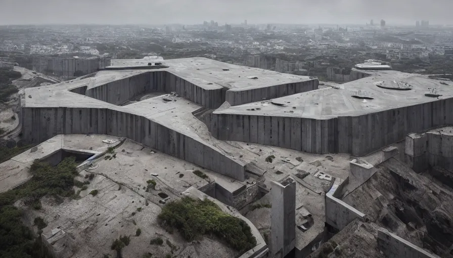 Image similar to big brutalist imperial military base on cliffs, drawing architecture, very long shot, top angle, imperial architecture in rogue one, pritzker architecture prize, brutalism architecture, jan urschel