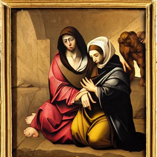 Prompt: 1 7 th century biblical painting of 3 women mourning at the tomb of jesus, 2 angels, style of caravaggio,