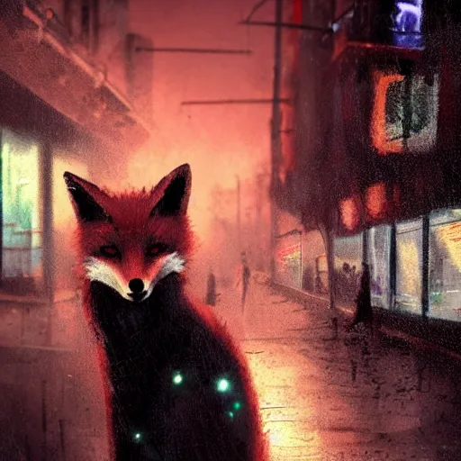 Image similar to beautiful portrait of a female anthro fox, smoking a cigarette in the rain, in crowded and wet street of a city, melancholic, cyberpunk, harsh neon lights, highly detailed, deep shadows, digital painting, shallow depth of field, illustration, art by sakimichan and greg rutkowski