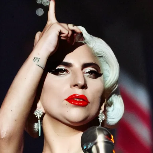 Prompt: Lady Gaga as Evita, president of Argentina, Argentina flag behind, bokeh, detailed, hd, as Cristina Kirchner