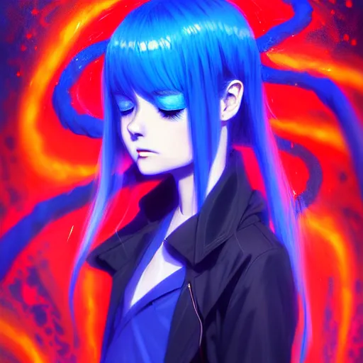 Prompt: blue slime swirling around rimuru tempest with black wings, enveloped in ghosts, sky blue straight hair, bangs, with amber eyes, red tailcoat, high collar, ultra fine detail, dark theme, digital painting, psychedelic, cinematic, wlop, pixiv, ilya kuvshinov, ross tran