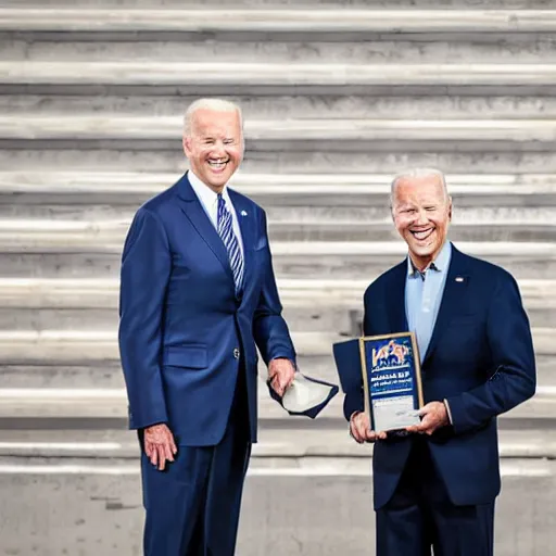 Image similar to A portrait photo of joe biden teams up with a teenage joe biden, perfect faces, 50 mm, award winning photography