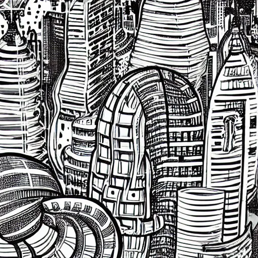 Prompt: black and white alien molluscan cityscape