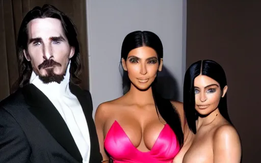 Image similar to American Psycho Christian Bale hugging kim kardashian & kylie Jenner in an abandoned mafia mansion