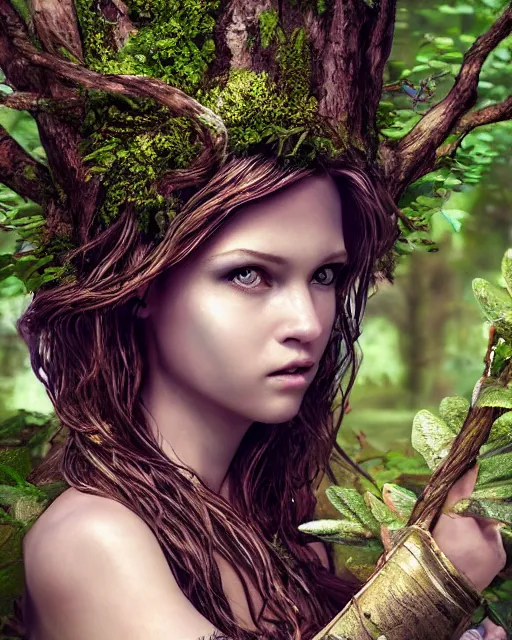 Image similar to portrait high definition photograph cute woman fantasy character art, hyper realistic, pretty face, hyperrealism, iridescence water elemental, snake skin armor forest dryad, woody foliage, 8 k dop dof hdr fantasy character art, by aleski briclot and alexander'hollllow'fedosav and laura zalenga