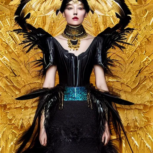 Image similar to a hyperrealistic portrait of a fierce proud queen of ravens, in a black dress with a collar made of iridescent feathers and golden adornments, geometrical background, intricate details, by zhang jingna and soey milk and amir ershadi and anja millen