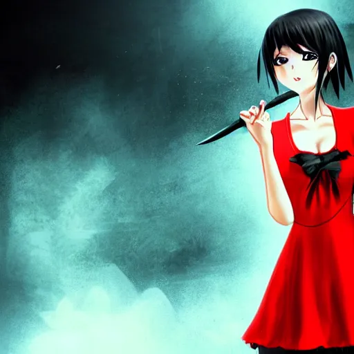 Image similar to a girl with black hair wearing a red dress, she is holding a knife, anime art, smooth, scary atmosphere, hd