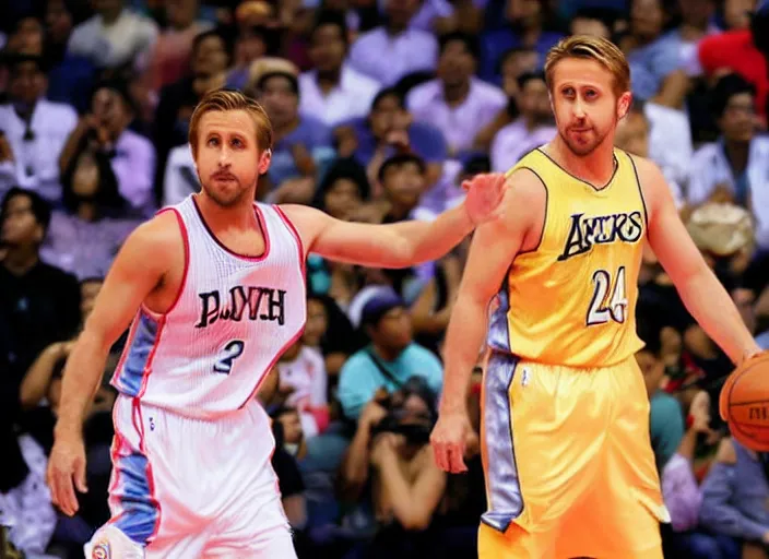 Image similar to ryan gosling playing in nba, philippines, real life photograph, award winning photograph, 4 k