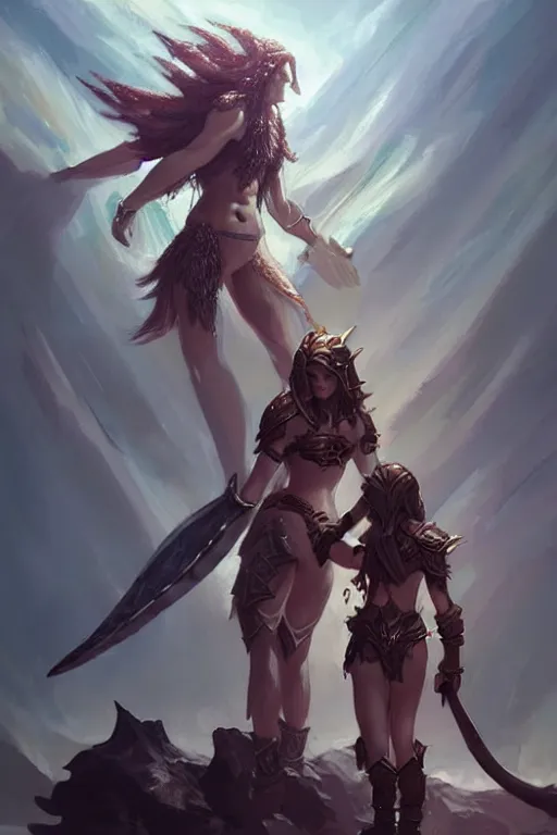 Prompt: a small triton girl wearing scale armor riding on a the shoulders of a large male goliath wearing fur and leather armor, dnd concept art, painting by ross tran and WLOP