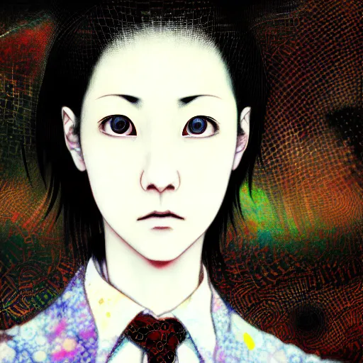 Prompt: yoshitaka amano blurred and dreamy realistic three quarter angle horror portrait of a sinister young woman with short hair, and black eyes wearing office suit with tie, junji ito abstract patterns in the background, satoshi kon anime, noisy film grain effect, highly detailed, renaissance oil painting, weird portrait angle, blurred lost edges