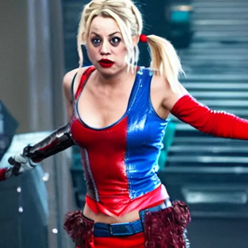 Image similar to A still of Kaley Cuoco as Harley Quinn