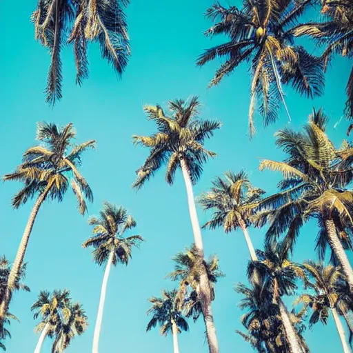 Image similar to surreal palm trees floating in blue sky, random positions floating, flying