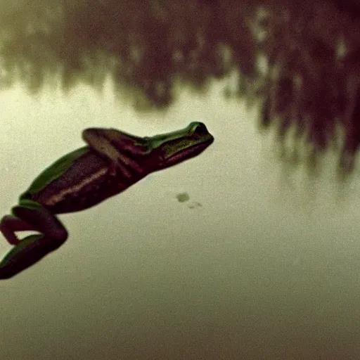 Prompt: semitranslucent smiling frog amphibian flying upside down over misty lake in Jesus Christ pose, cinematic shot by Andrei Tarkovsky, paranormal, spiritual, mystical