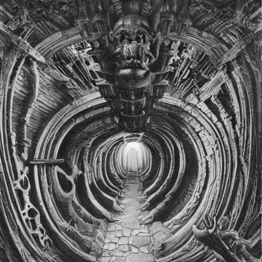 Image similar to the entrance of tartarus, ornate, ominous, weapons, mossy, lava, underworld, low angle, warped drive through the gates of hell, reality of non - euclidean eldritch geometric biomechanical taxonomic forms by rodin, hr giger, ernst haeckel, mc escher and junji ito.