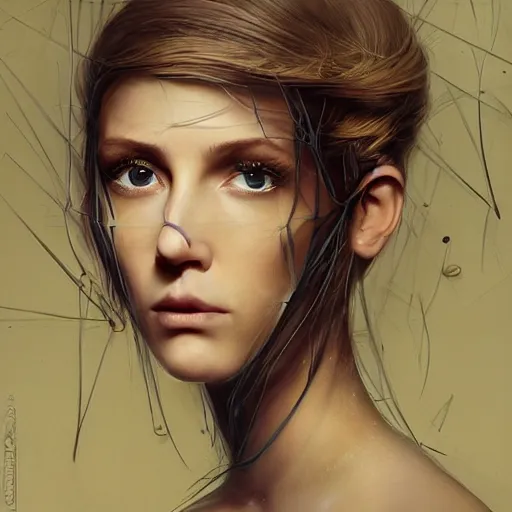 Image similar to surreal portrait of a woman by Greg Rutkowski and Artgerm, symmetrical face, she is about 30 years old, she is about 30 years old, pretty, blond hair with two strans around her face, slavic features, melancholic gaze, pretty aquiline nose, transformed into a kind of biomechanical transhuman goddes, uncany but fascinating, sad but determined look, cosmic void background, frightening, fascinating, highly detailed portrait, digital painting, book cover, artstation, concept art, smooth, sharp foccus ilustration, Artstation HQ