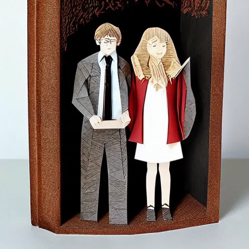 Image similar to cut paper sculpture of harry potter and hermione granger in a book