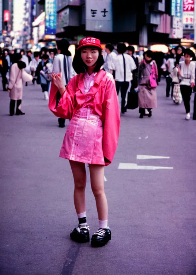 Prompt: a street fashion photograph of a cute japanese woman in 9 0 s fashion, in tokyo akihabara, shot on cinestill 5 0 d with a 3 5 mm at f / 2. 8 lens, print magazine quality, photo, photorealism, nineties nostalgia, 4 k