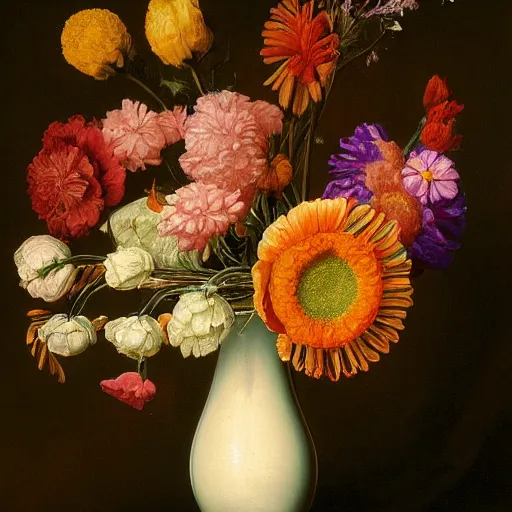 Prompt: A still life painting of a vase of flowers, with a bright and colorful palette, by Dutch artist Jan van Huysum