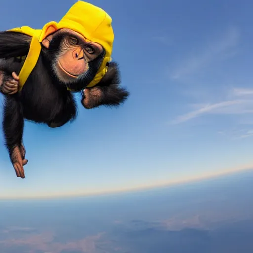 Image similar to a chimp wearing a yellow hoodie is skydiving