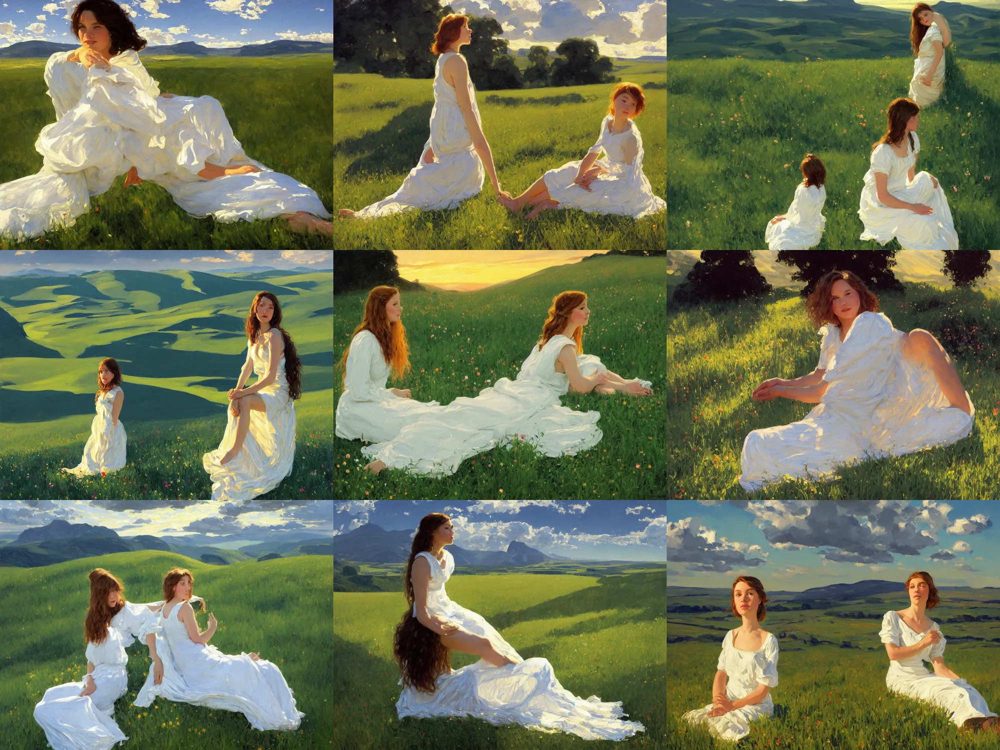 Prompt: sitting girl in white dresses between clouds above green fields in sunset light, portrait, elegant, intricate, digital painting, artstation, concept art, smooth, sharp focus, illustration, art by ed mell and Daniel F. Gerhartz and Jacek Malczewski and gustav klimt