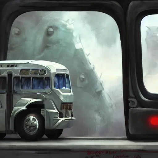 Image similar to Transformer hybrid of bus and wolf, having cabin if form of wolf head and long body of bus with wheels and windows, mechanical form of life, oil on canvas, fantasy, digital painting, concept art, smooth, sharp focus, illustration, artstation trending, octane render, unreal engine, Ghibli, anime style