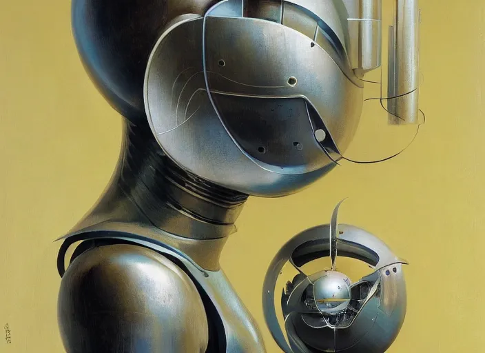 Image similar to a portrait headshot of sci fi metallic human, bright eyes, melancholic complex geometric figure liminal machinery by oskar schlemmer, moebius, john berkey, oil on canvas, portrait facial head, featured on artstation, hd wallpaper