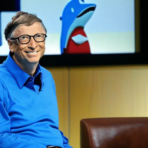 Prompt: Bill Gates, wearing a blue shirt and a white hat, investing in a company, in Shark Tank (2016)