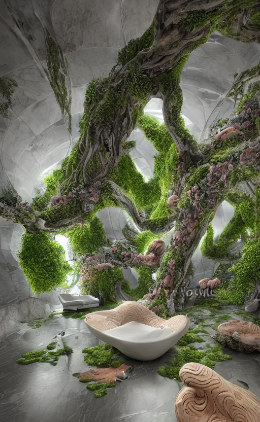 Image similar to highly detailed villa natural beautiful light interior soft cinematic composition of a smooth ceramic porcelain biomorphic magnolia stone nebula fluid sci - fi surreal colorful architecture landscape, furniture, granite, trees, marble, moss, lichen, fungi, vincent callebaut composition, mamou - mani, archviz, 8 k, unreal engine, hdr