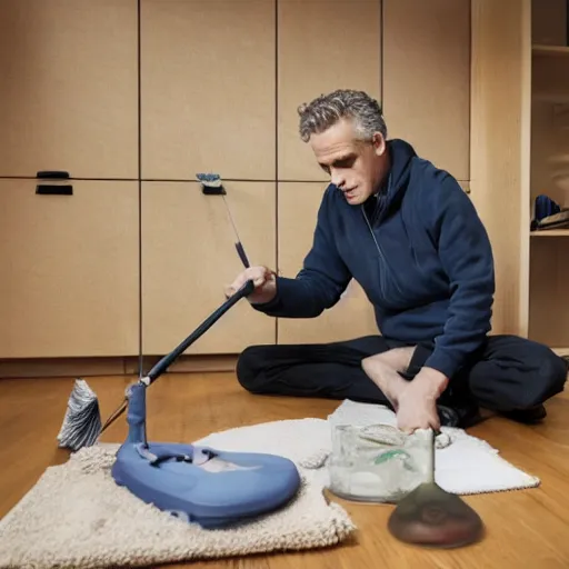 Image similar to photo of jordan peterson cleaning his room, very detailed, intricantely detailed, psychologist, 55mm photography, f/1.3