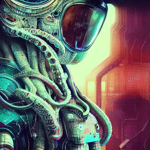 Image similar to hyperrealistic portrait of a squid monster astronaut, full body portrait, well lit, intricate abstract. cyberpunk, intricate artwork, by Tooth Wu, wlop, beeple. octane render,in the style of Jin Kagetsu, James Jean and wlop, highly detailed, sharp focus, intricate concept art, digital painting, ambient lighting, 4k, artstation